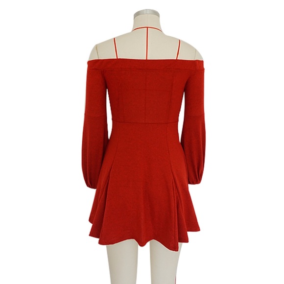 🌺Free Life Red Off Shoulder Puff Sleeves Dress - Picture 5 of 6